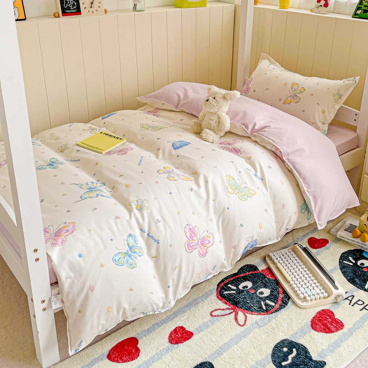 楠沐家纺 2025新款芦荟棉印花学生宿舍上下铺四件套三件套 蝶舞仙子