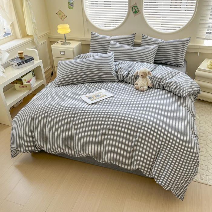 91家纺网 家纺一手货源 找家纺 菡宝 【不断货 预留5公分缩水】a类母婴级纯棉全棉色织水洗棉四件套 支持定制定做尺寸 牧野-丈青灰