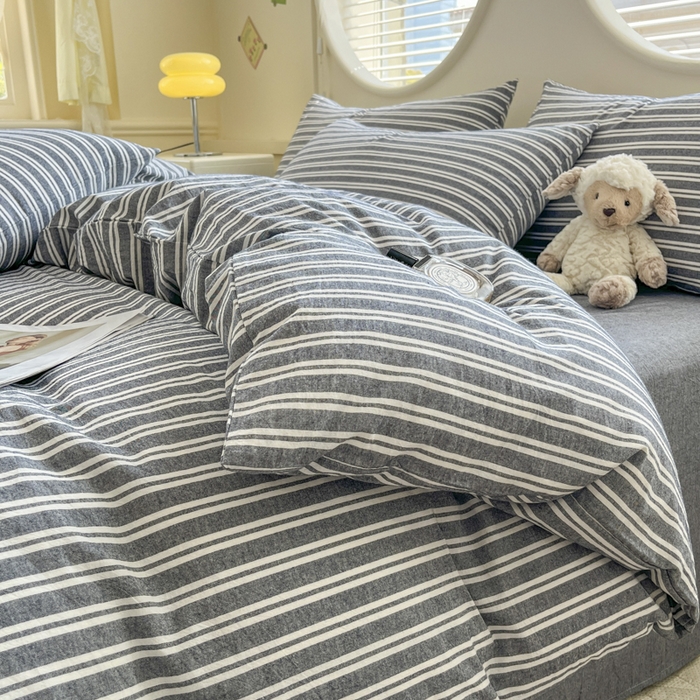 91家纺网 家纺一手货源 找家纺 菡宝 【不断货 预留5公分缩水】a类母婴级纯棉全棉色织水洗棉四件套 支持定制定做尺寸 牧野-丈青灰