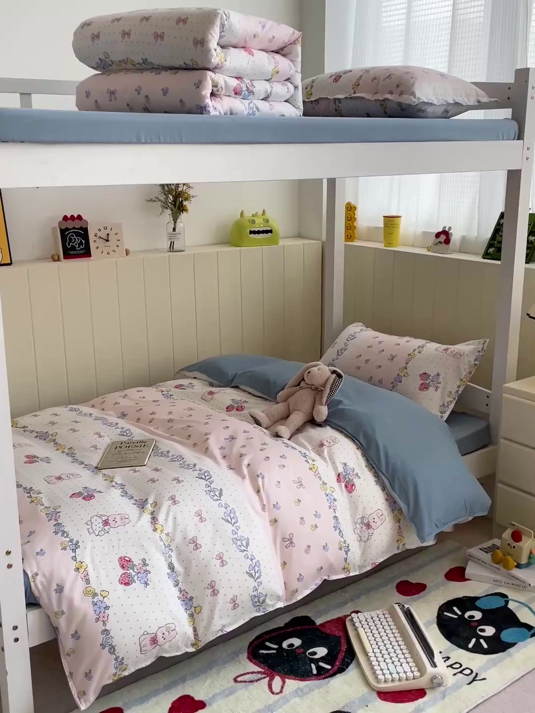 91家纺网 家纺一手货源 找家纺 楠沐家纺 2025新款芦荟棉印花学生宿舍上下铺四件套三件套 田园小兔