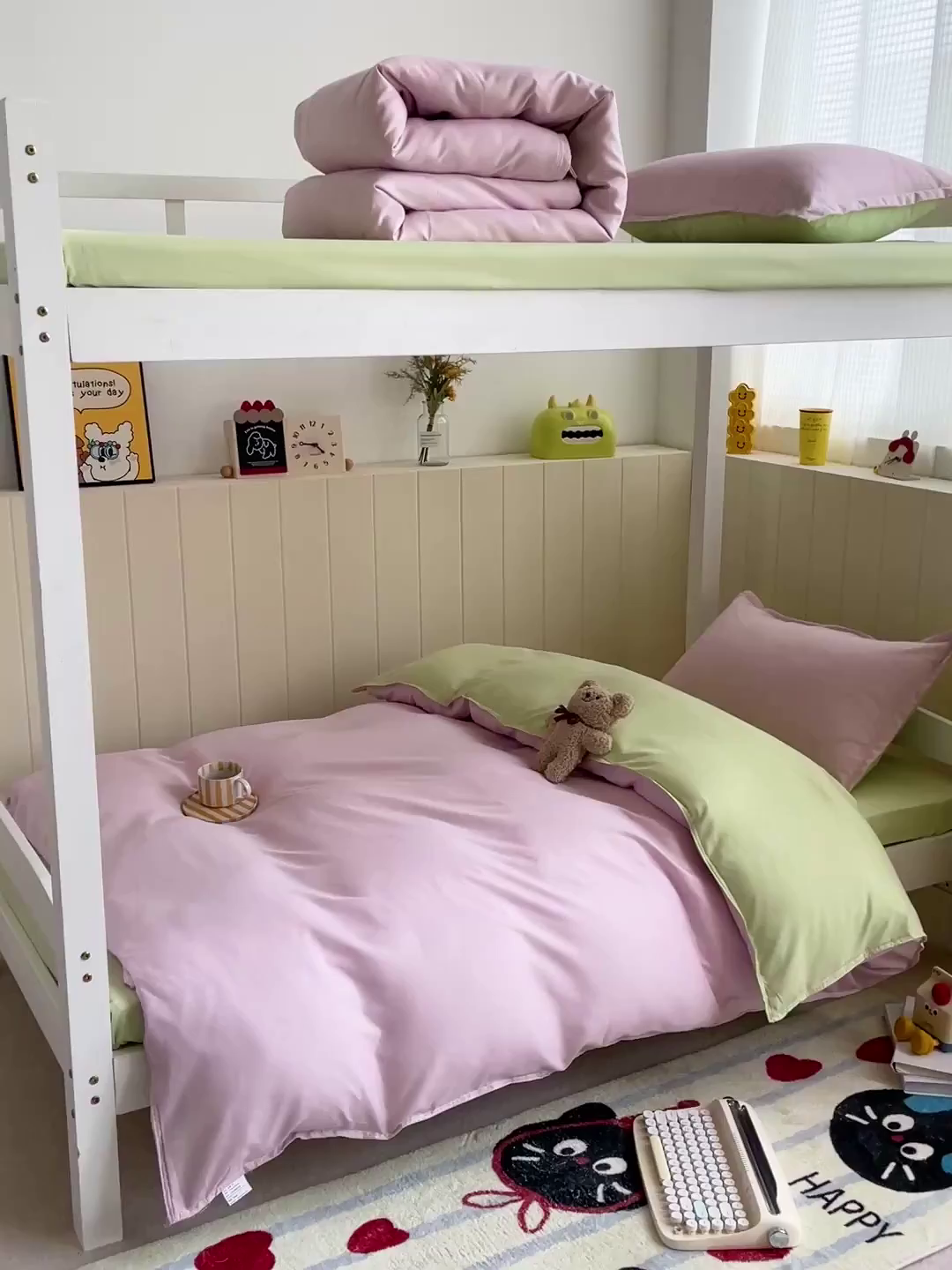 91家纺网 家纺一手货源 找家纺 楠沐家纺 2025新款芦荟棉印花学生宿舍上下铺四件套三件套 奶粉色泡泡绿