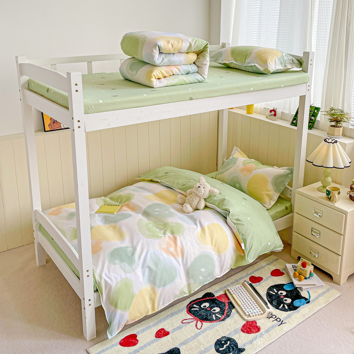 91家纺网 家纺一手货源 找家纺 楠沐家纺 2025新款芦荟棉印花学生宿舍上下铺四件套三件套 幸运心