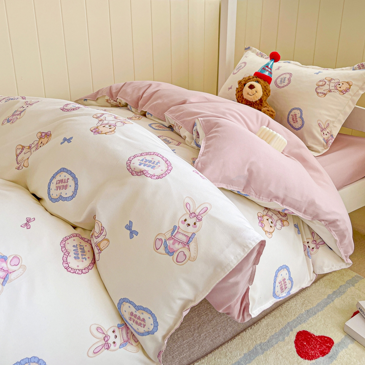 91家纺网 家纺一手货源 找家纺 楠沐家纺 2025新款芦荟棉印花学生宿舍上下铺四件套三件套 心动兔