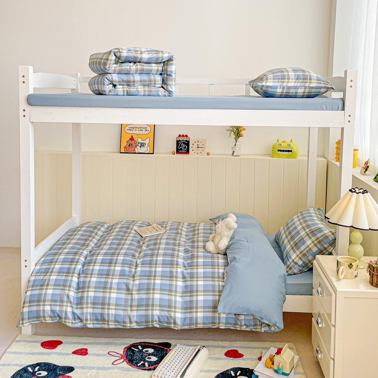 91家纺网 家纺一手货源 找家纺 楠沐家纺 2025新款芦荟棉印花学生宿舍上下铺四件套三件套 炫彩蓝格