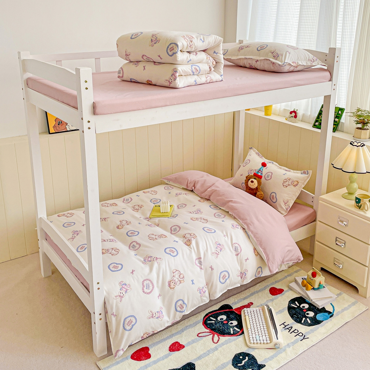 91家纺网 家纺一手货源 找家纺 楠沐家纺 2025新款芦荟棉印花学生宿舍上下铺四件套三件套 心动兔