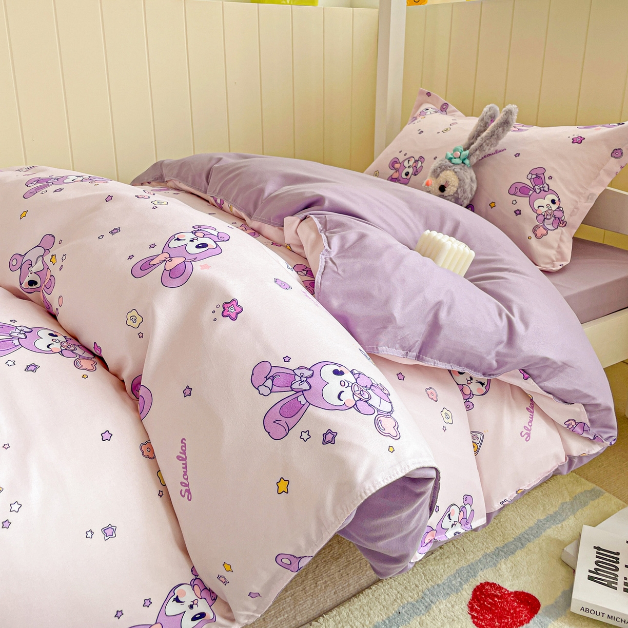 91家纺网 家纺一手货源 找家纺 楠沐家纺 2025新款芦荟棉印花学生宿舍上下铺四件套三件套 星星兔