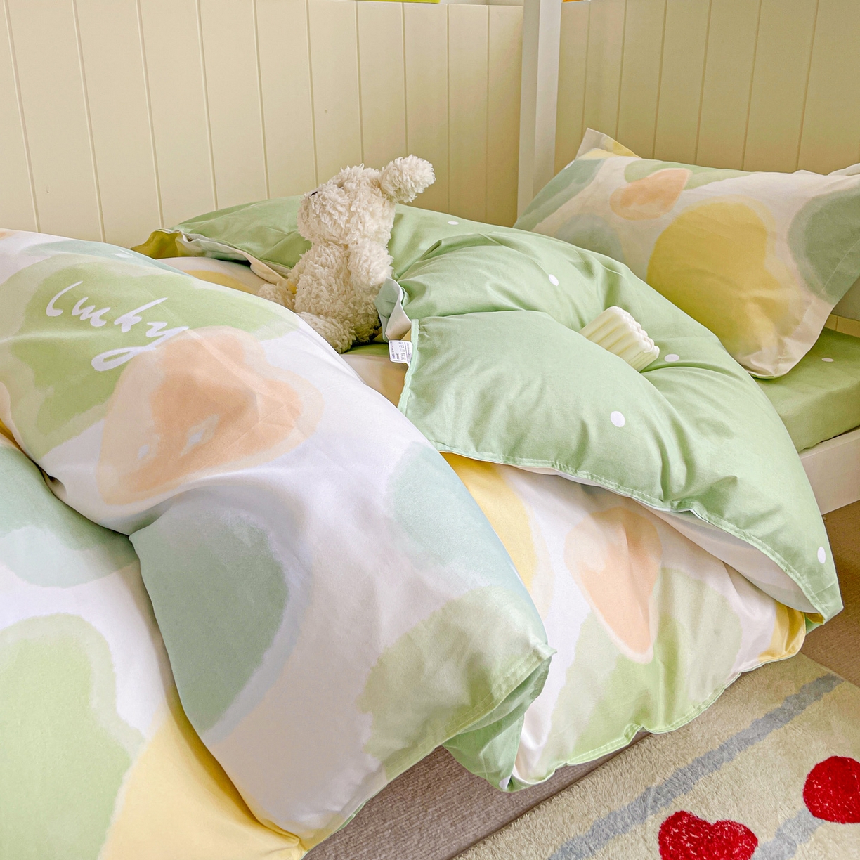 91家纺网 家纺一手货源 找家纺 楠沐家纺 2025新款芦荟棉印花学生宿舍上下铺四件套三件套 幸运心