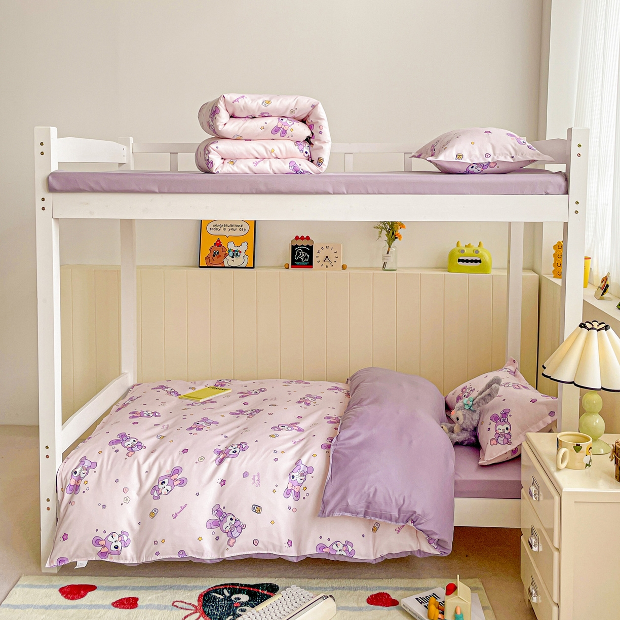 91家纺网 家纺一手货源 找家纺 楠沐家纺 2025新款芦荟棉印花学生宿舍上下铺四件套三件套 星星兔