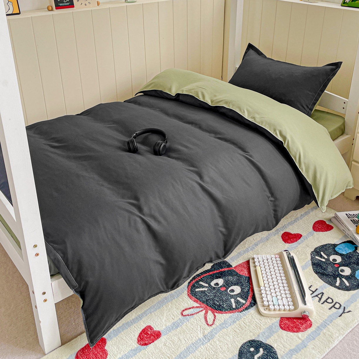 楠沐家纺 2025新款芦荟棉印花学生宿舍上下铺四件套三件套 果绿耀夜黑