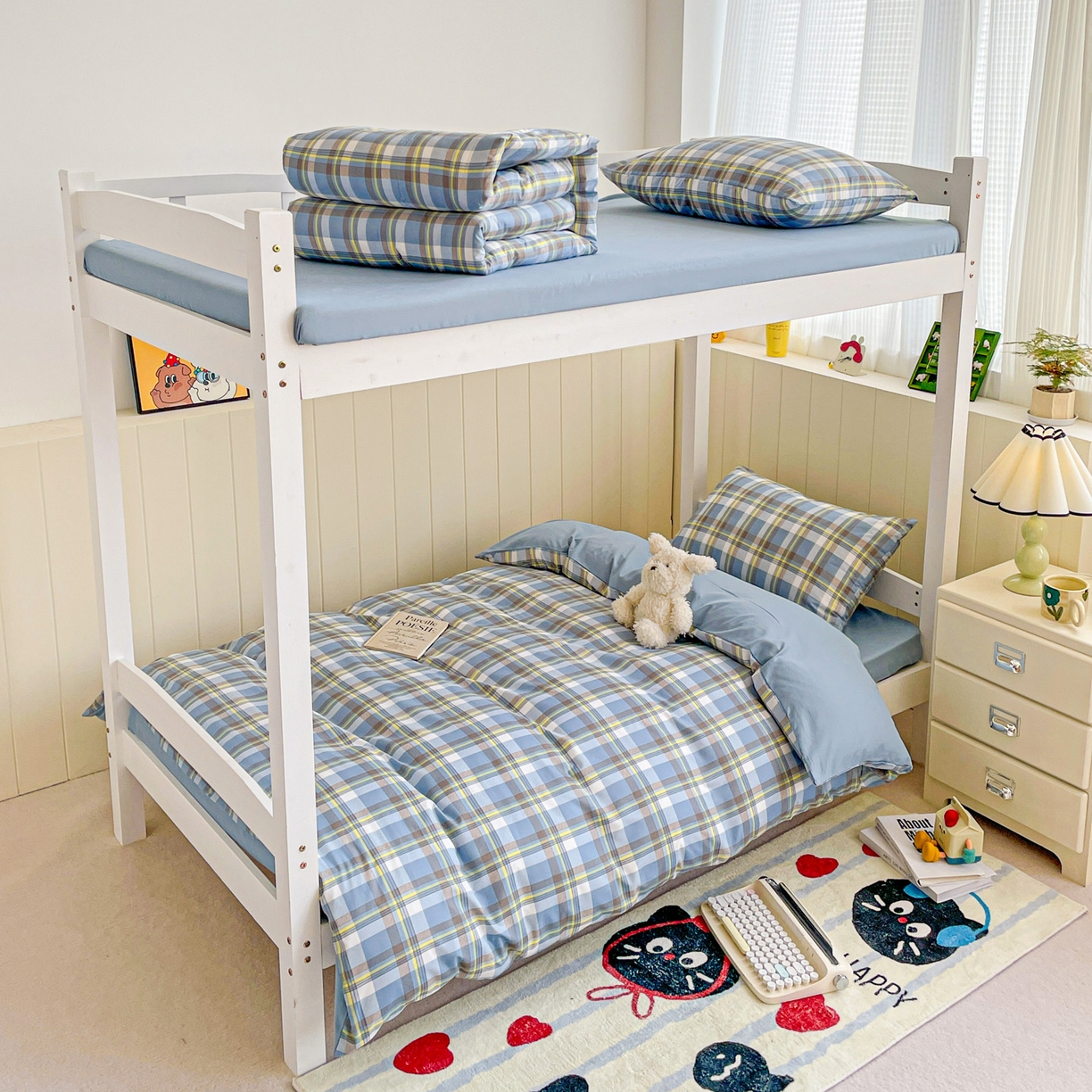 91家纺网 家纺一手货源 找家纺 楠沐家纺 2025新款芦荟棉印花学生宿舍上下铺四件套三件套 炫彩蓝格