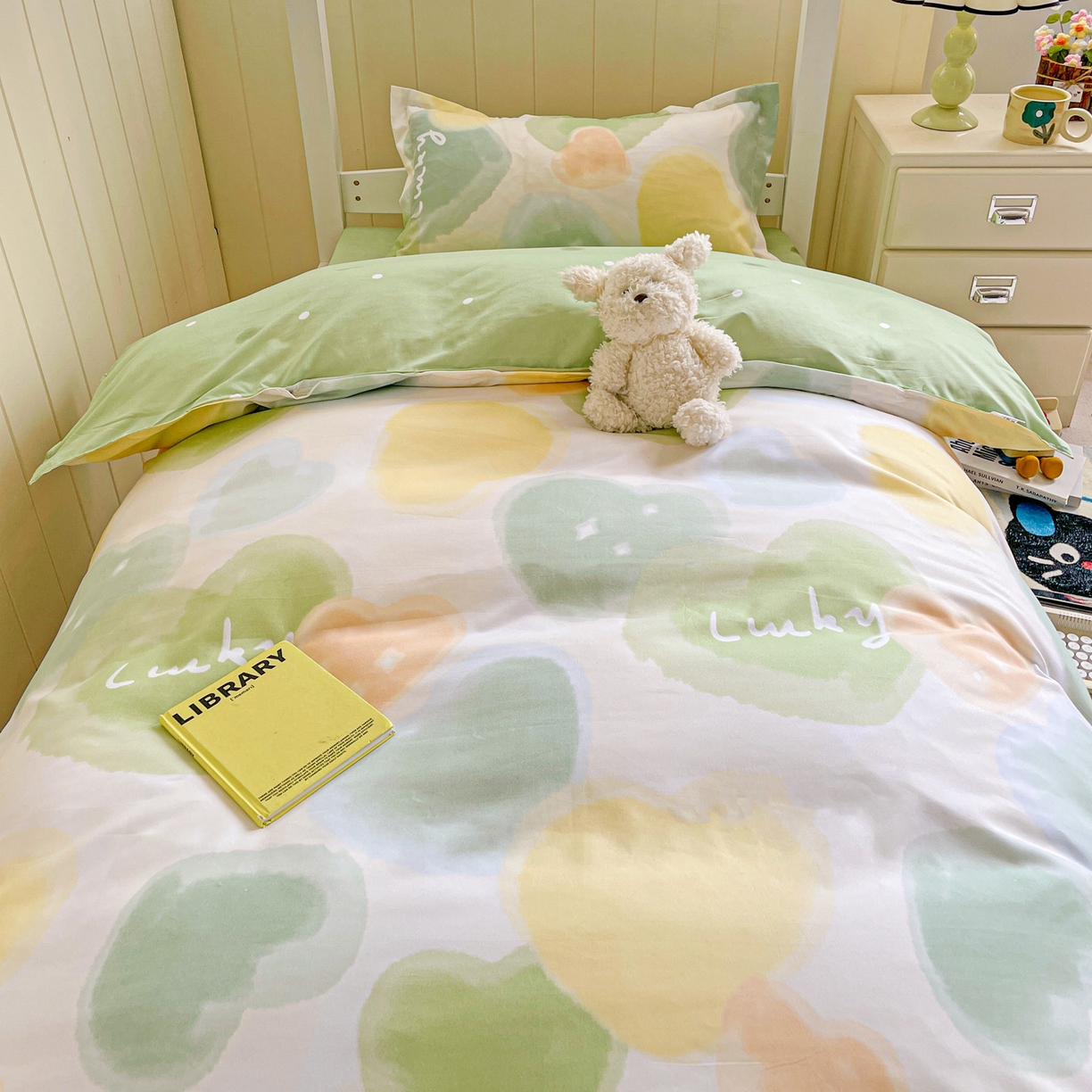 91家纺网 家纺一手货源 找家纺 楠沐家纺 2025新款芦荟棉印花学生宿舍上下铺四件套三件套 幸运心