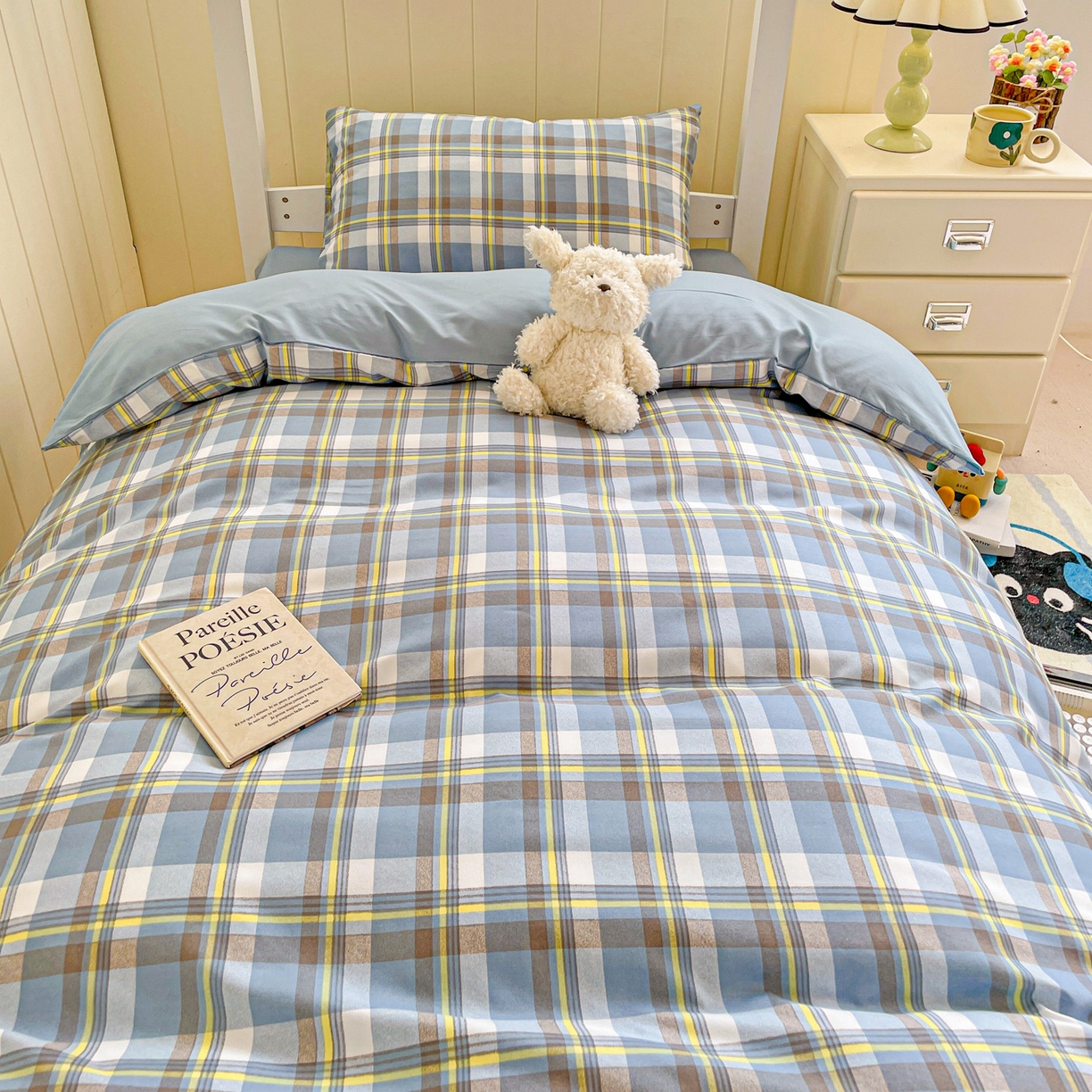 91家纺网 家纺一手货源 找家纺 楠沐家纺 2025新款芦荟棉印花学生宿舍上下铺四件套三件套 炫彩蓝格