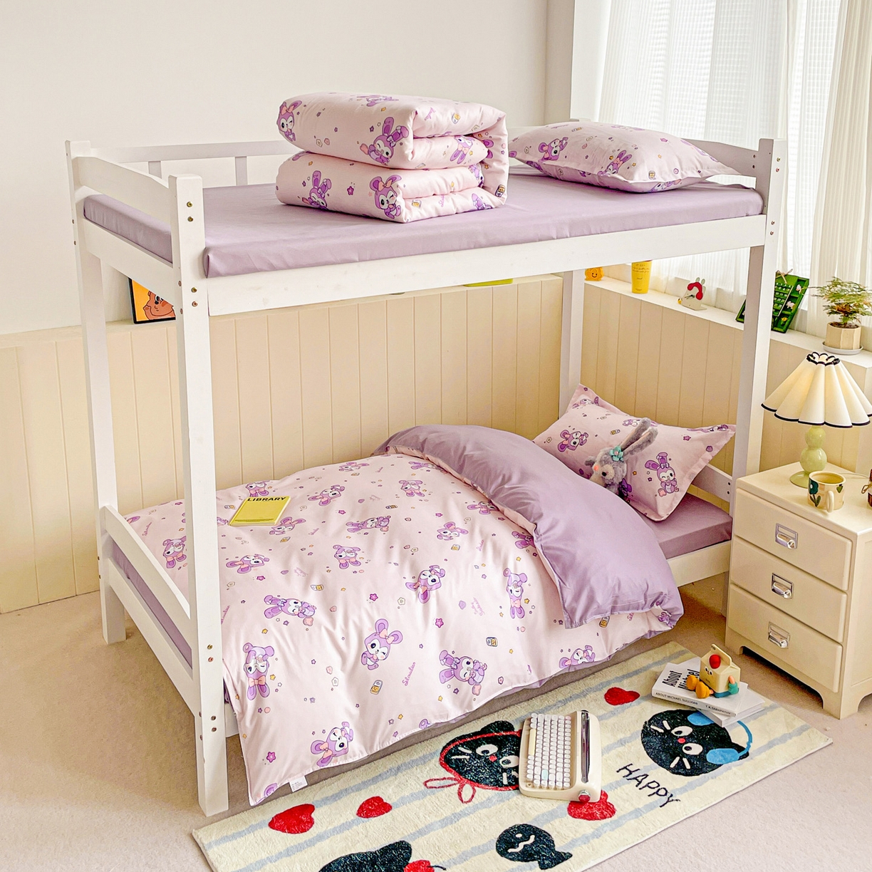 91家纺网 家纺一手货源 找家纺 楠沐家纺 2025新款芦荟棉印花学生宿舍上下铺四件套三件套 星星兔