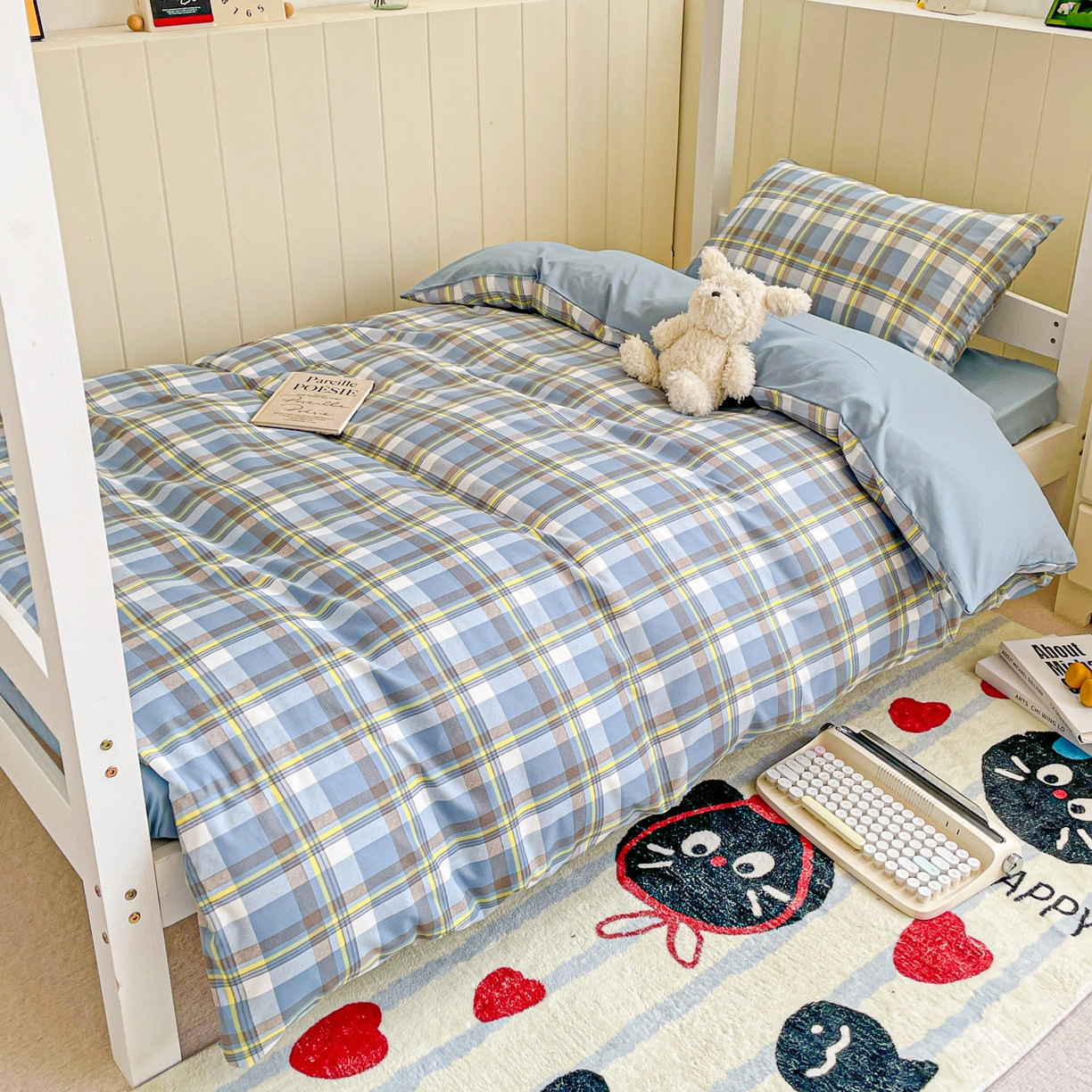 楠沐家纺 2025新款芦荟棉印花学生宿舍上下铺四件套三件套 炫彩蓝格