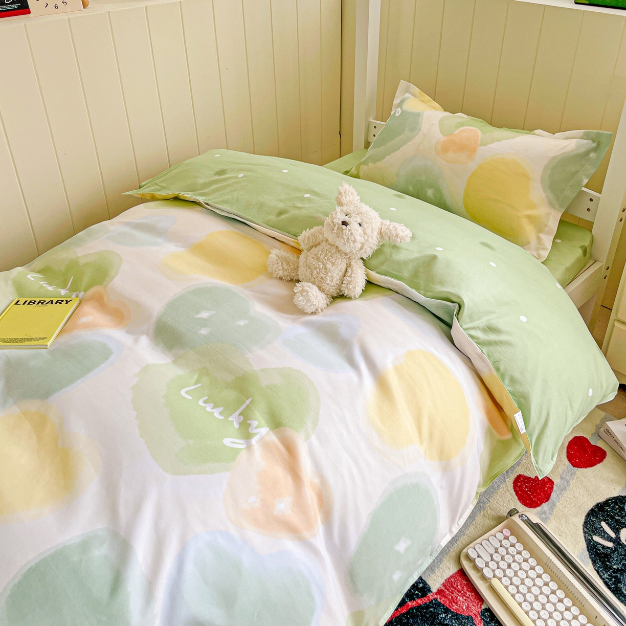 91家纺网 家纺一手货源 找家纺 楠沐家纺 2025新款芦荟棉印花学生宿舍上下铺四件套三件套 幸运心