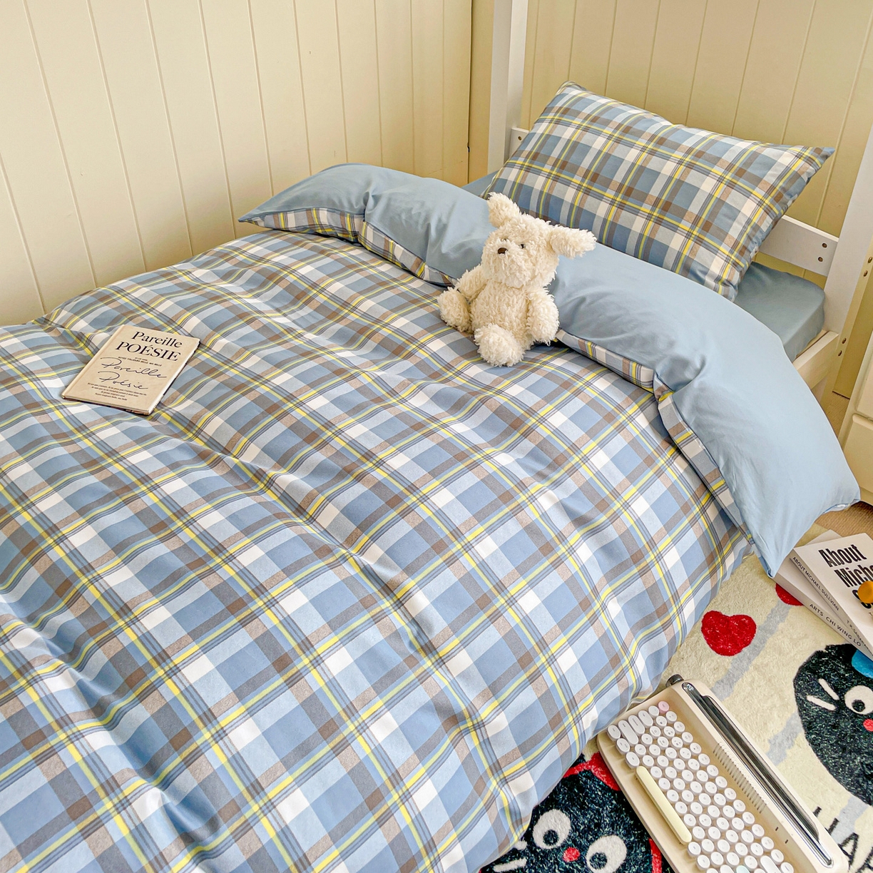 91家纺网 家纺一手货源 找家纺 楠沐家纺 2025新款芦荟棉印花学生宿舍上下铺四件套三件套 炫彩蓝格