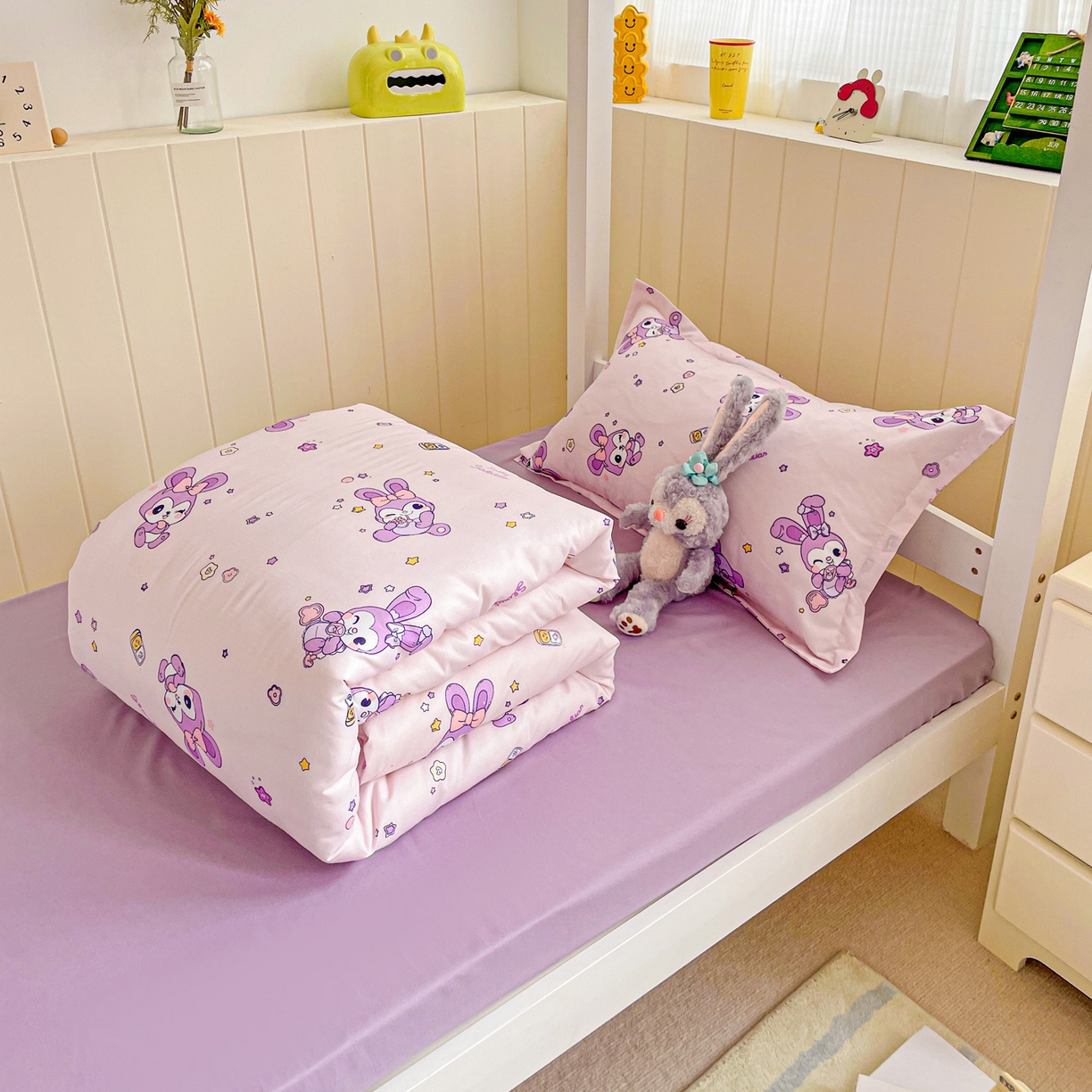 91家纺网 家纺一手货源 找家纺 楠沐家纺 2025新款芦荟棉印花学生宿舍上下铺四件套三件套 星星兔