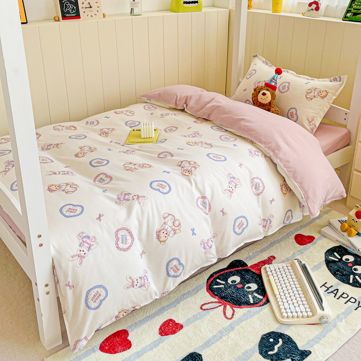 楠沐家纺 2025新款芦荟棉印花学生宿舍上下铺四件套三件套 心动兔