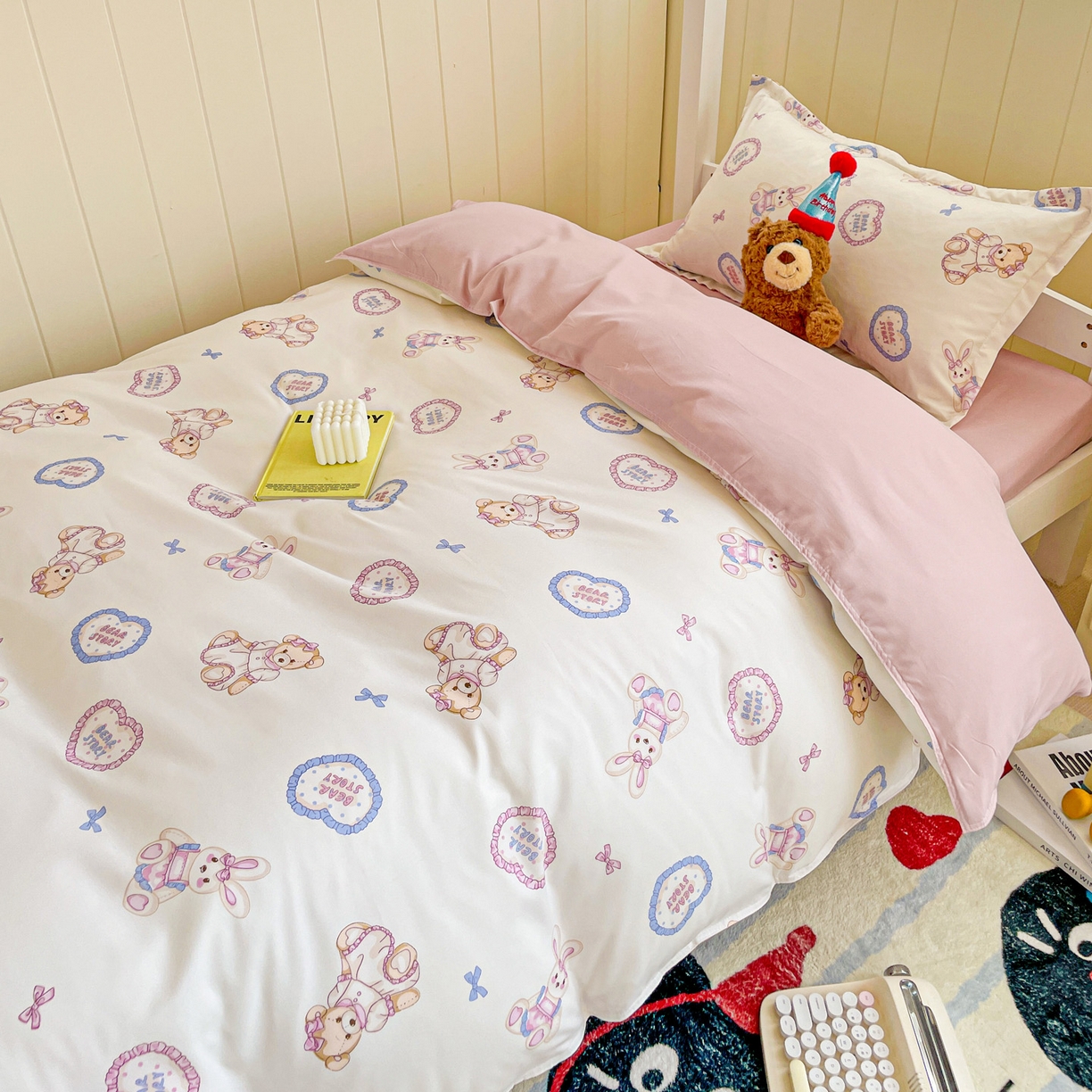 91家纺网 家纺一手货源 找家纺 楠沐家纺 2025新款芦荟棉印花学生宿舍上下铺四件套三件套 心动兔