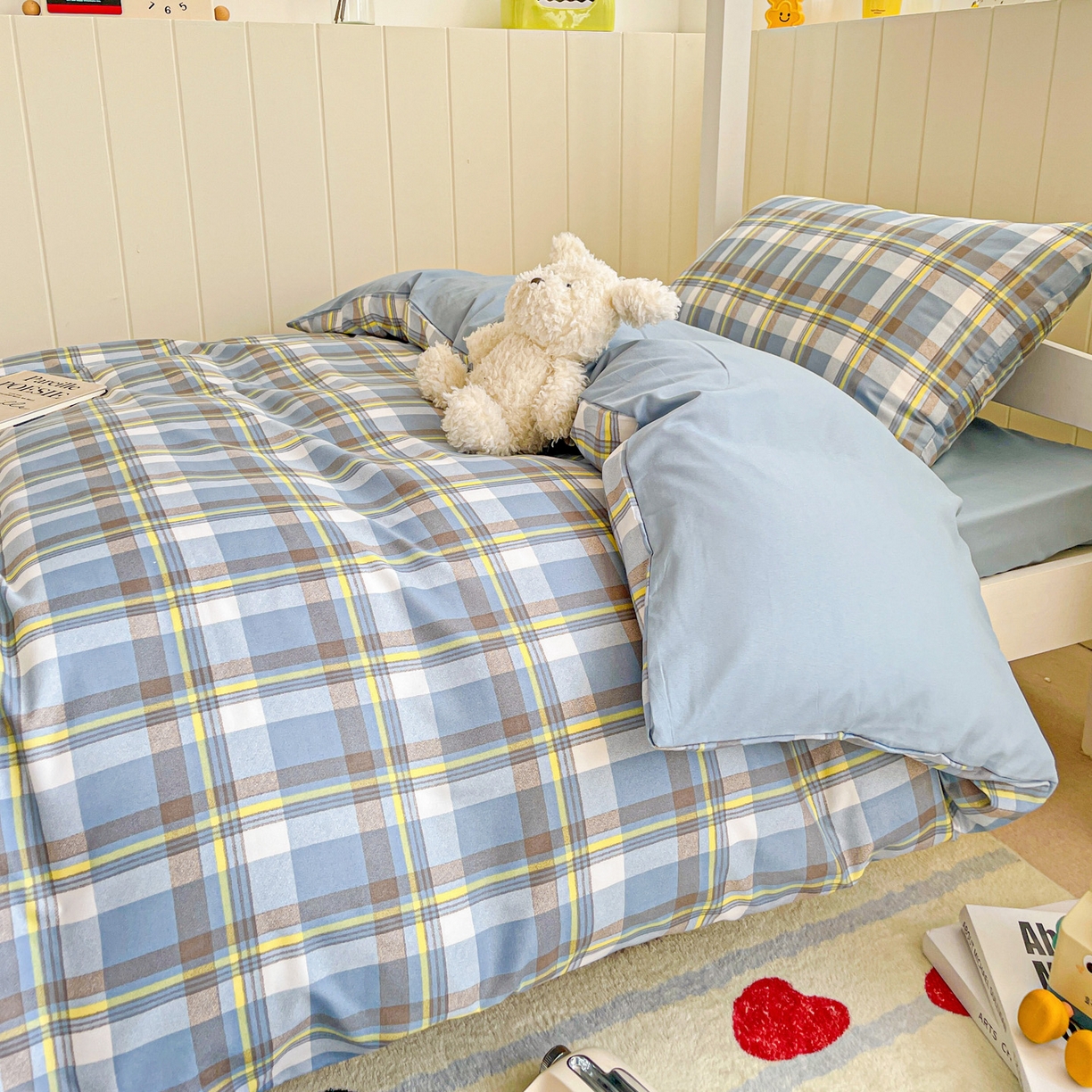 91家纺网 家纺一手货源 找家纺 楠沐家纺 2025新款芦荟棉印花学生宿舍上下铺四件套三件套 炫彩蓝格