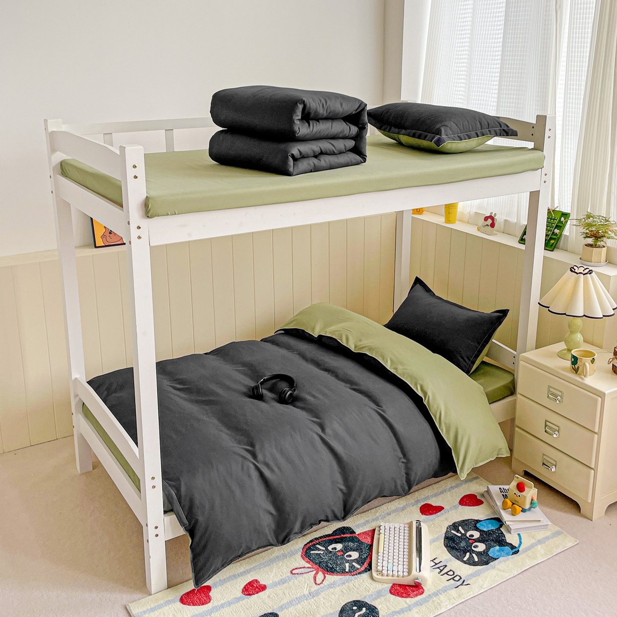 91家纺网 家纺一手货源 找家纺 楠沐家纺 2025新款芦荟棉印花学生宿舍上下铺四件套三件套 果绿耀夜黑