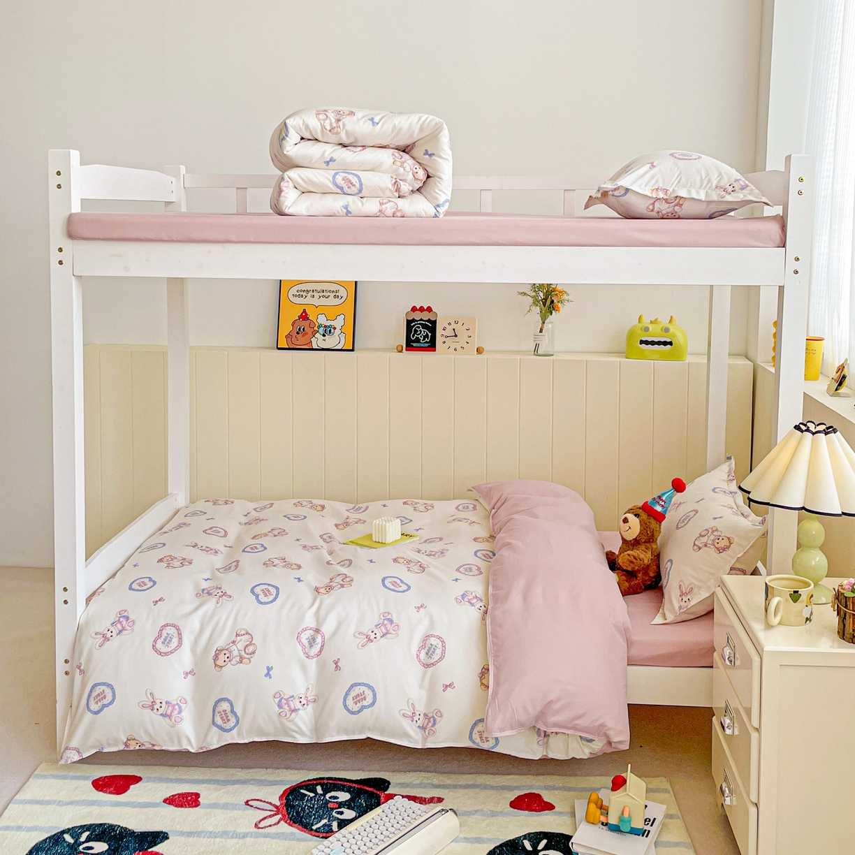 91家纺网 家纺一手货源 找家纺 楠沐家纺 2025新款芦荟棉印花学生宿舍上下铺四件套三件套 心动兔