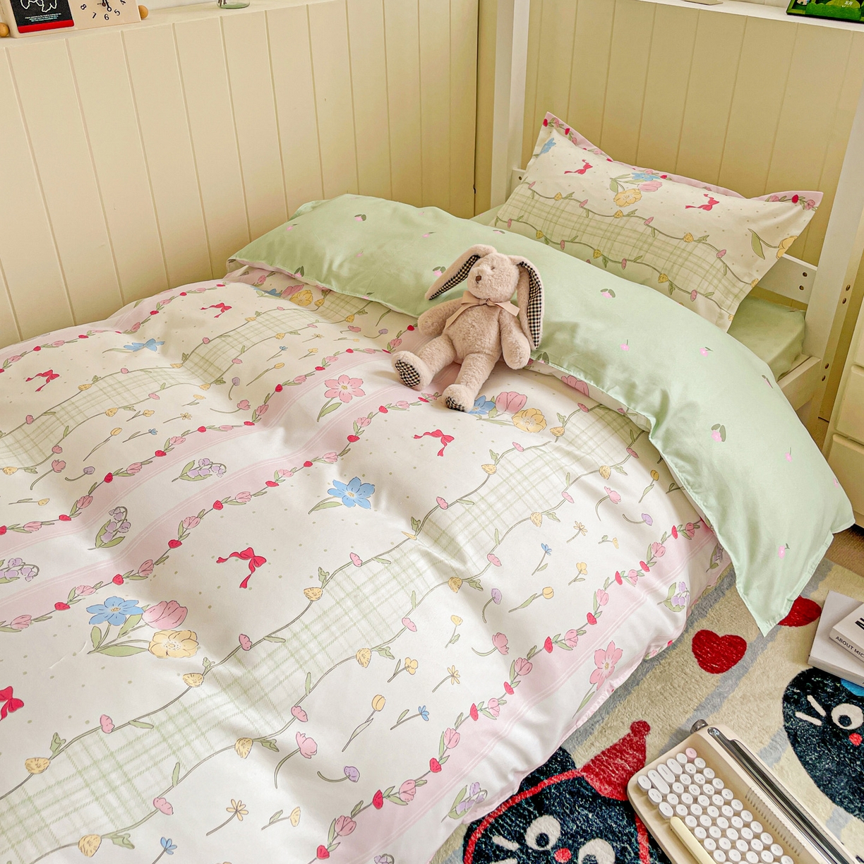 91家纺网 家纺一手货源 找家纺 楠沐家纺 2025新款芦荟棉印花学生宿舍上下铺四件套三件套 秘境花园