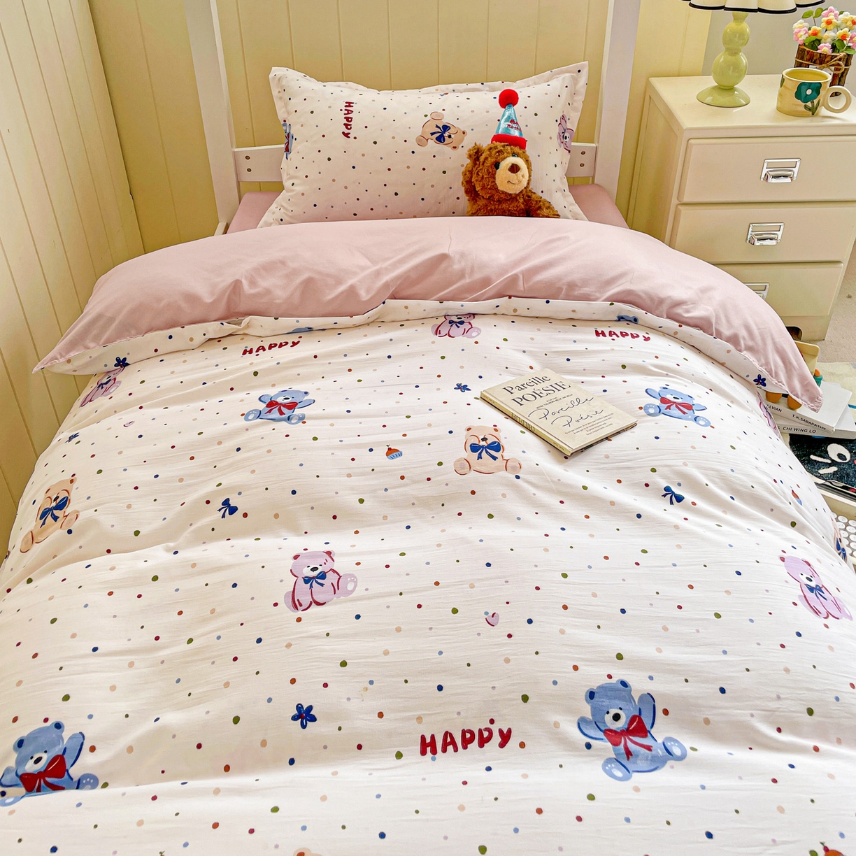 91家纺网 家纺一手货源 找家纺 楠沐家纺 2025新款芦荟棉印花学生宿舍上下铺四件套三件套 哆咪熊