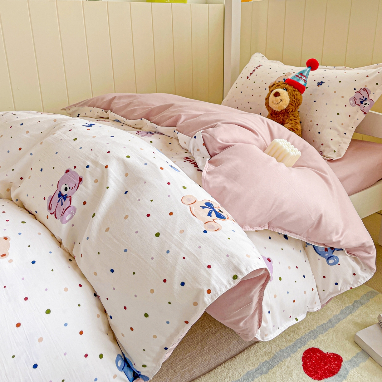 91家纺网 家纺一手货源 找家纺 楠沐家纺 2025新款芦荟棉印花学生宿舍上下铺四件套三件套 哆咪熊