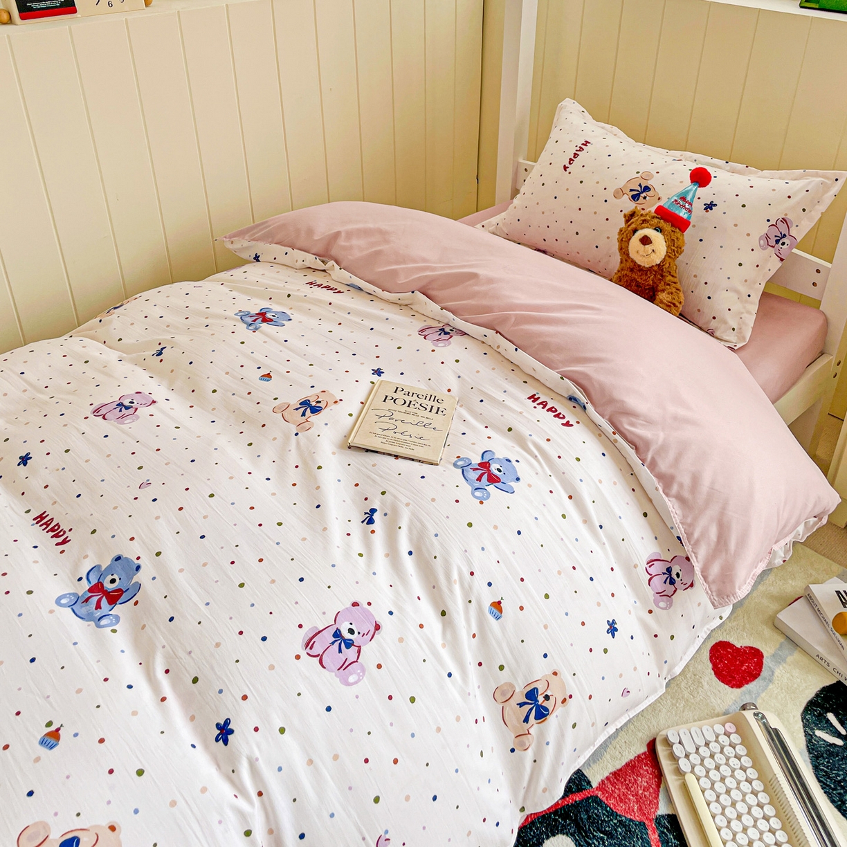 91家纺网 家纺一手货源 找家纺 楠沐家纺 2025新款芦荟棉印花学生宿舍上下铺四件套三件套 哆咪熊