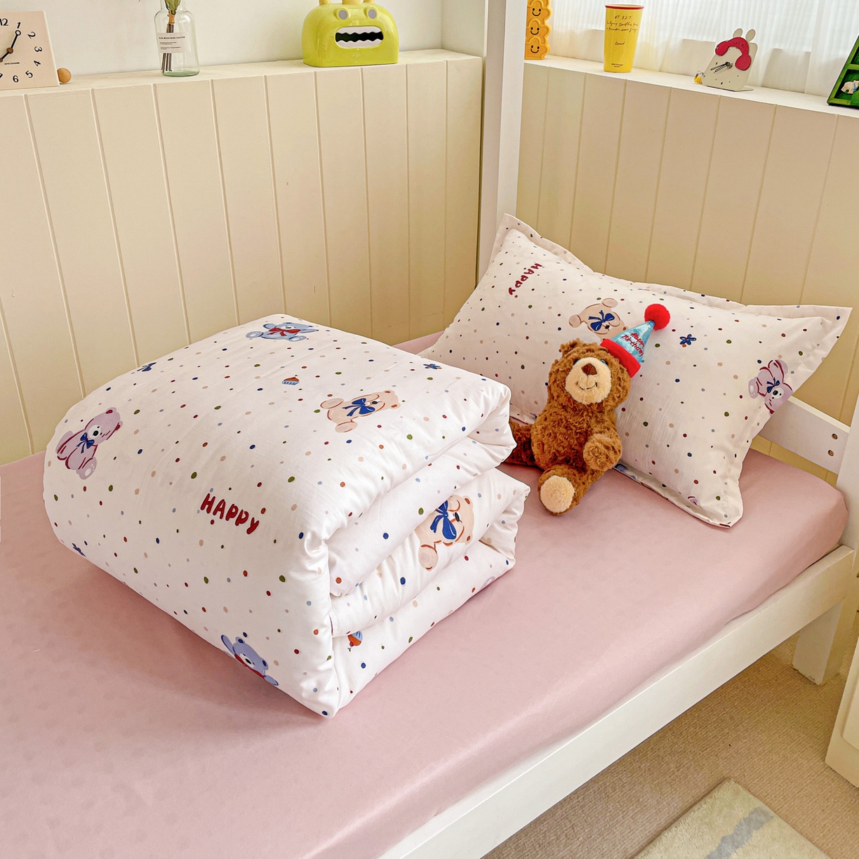 91家纺网 家纺一手货源 找家纺 楠沐家纺 2025新款芦荟棉印花学生宿舍上下铺四件套三件套 哆咪熊