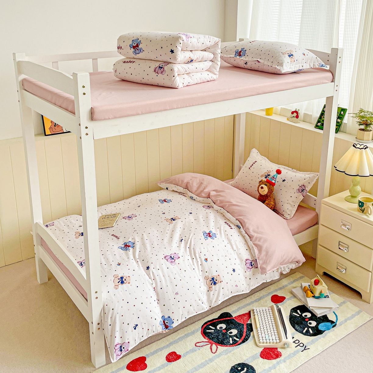 91家纺网 家纺一手货源 找家纺 楠沐家纺 2025新款芦荟棉印花学生宿舍上下铺四件套三件套 哆咪熊