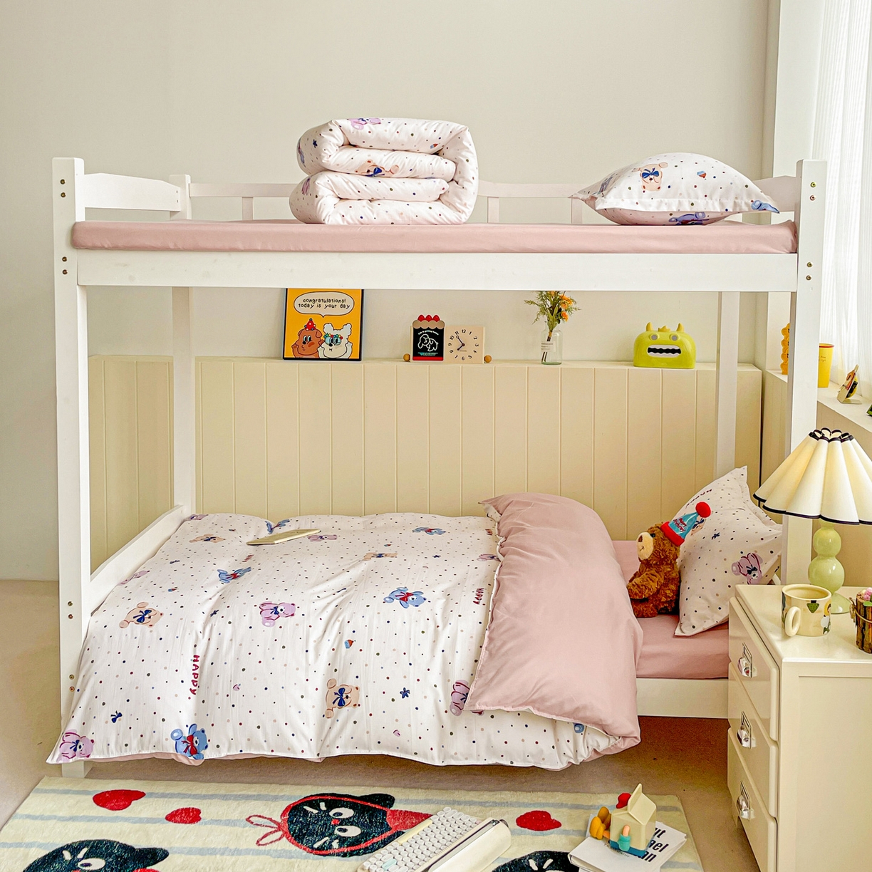 91家纺网 家纺一手货源 找家纺 楠沐家纺 2025新款芦荟棉印花学生宿舍上下铺四件套三件套 哆咪熊