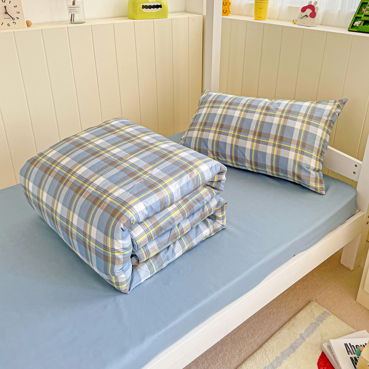 91家纺网 家纺一手货源 找家纺 楠沐家纺 2025新款芦荟棉印花学生宿舍上下铺四件套三件套 炫彩蓝格