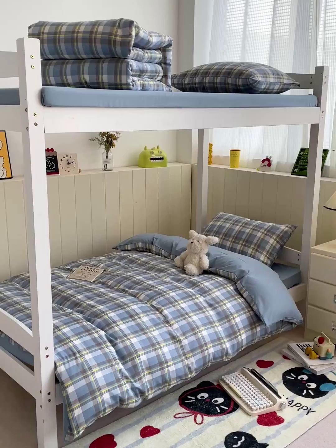 91家纺网 家纺一手货源 找家纺 楠沐家纺 2025新款芦荟棉印花学生宿舍上下铺四件套三件套 炫彩蓝格