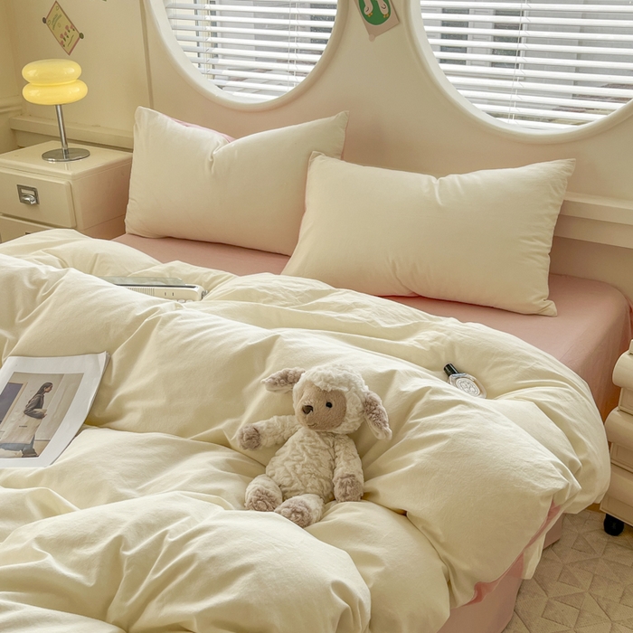 91家纺网 家纺一手货源 找家纺 菡宝 【不断货 预留5公分缩水】a类母婴级纯棉全棉色织水洗棉四件套 支持定制定做尺寸 奶昔白可可粉