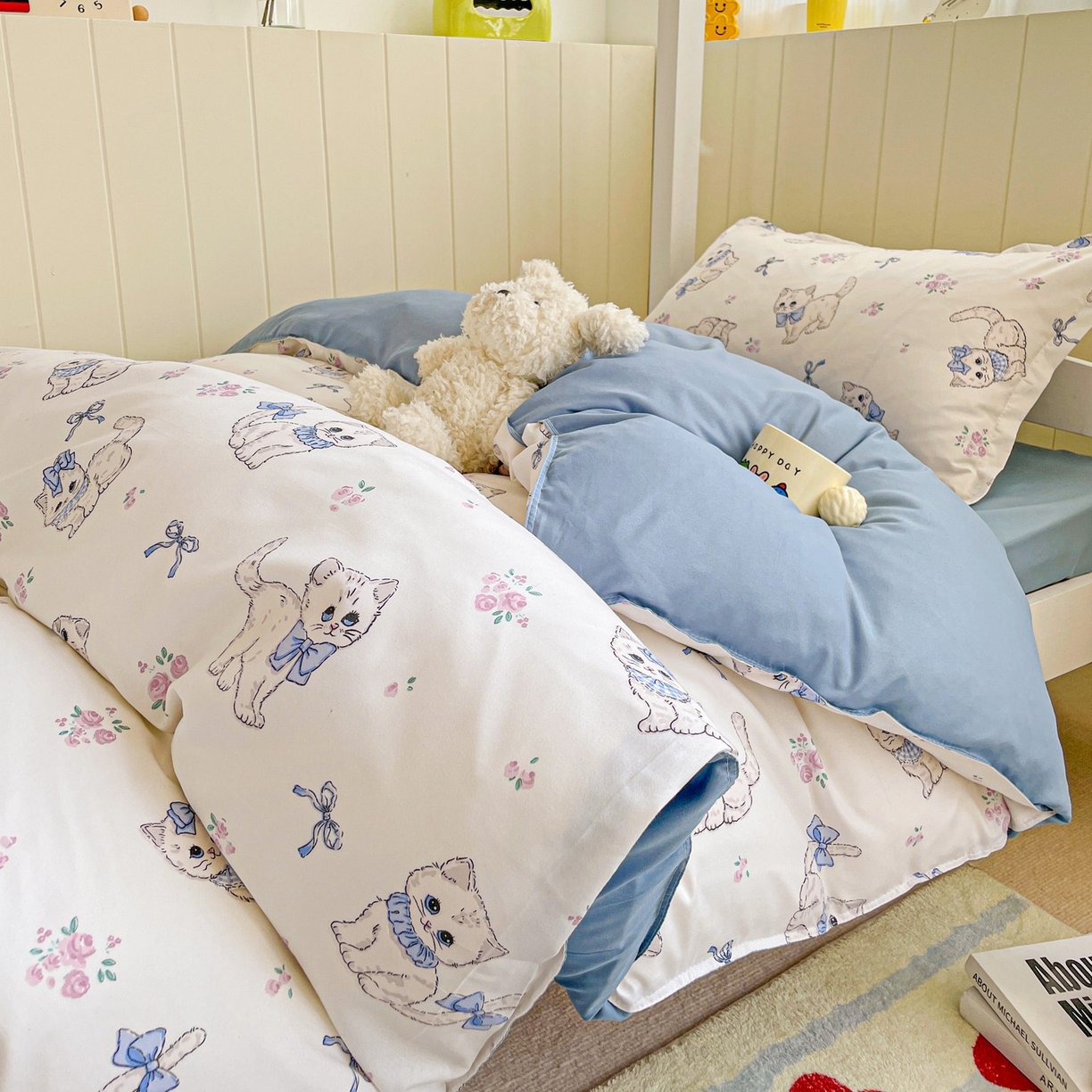 91家纺网 家纺一手货源 找家纺 楠沐家纺 2025新款芦荟棉印花学生宿舍上下铺四件套三件套 猫咪小姐
