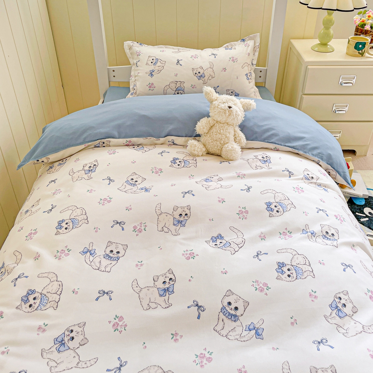 91家纺网 家纺一手货源 找家纺 楠沐家纺 2025新款芦荟棉印花学生宿舍上下铺四件套三件套 猫咪小姐