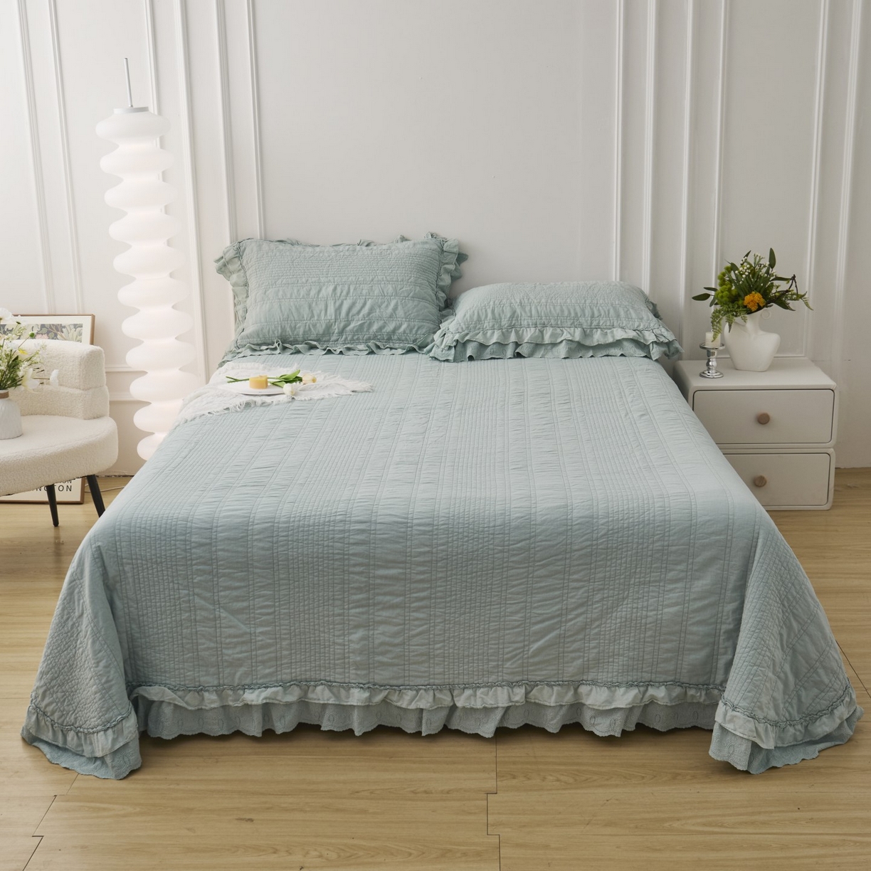 91家纺网 家纺一手货源 找家纺 上喜 2025新款全棉砂洗床盖新升级第五代 湖蓝