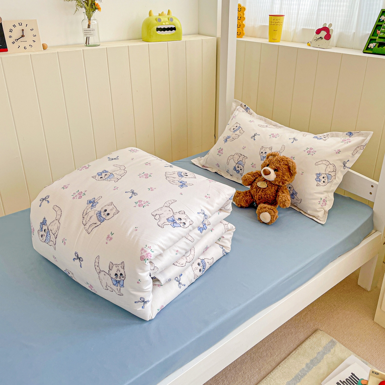 91家纺网 家纺一手货源 找家纺 楠沐家纺 2025新款芦荟棉印花学生宿舍上下铺四件套三件套 猫咪小姐