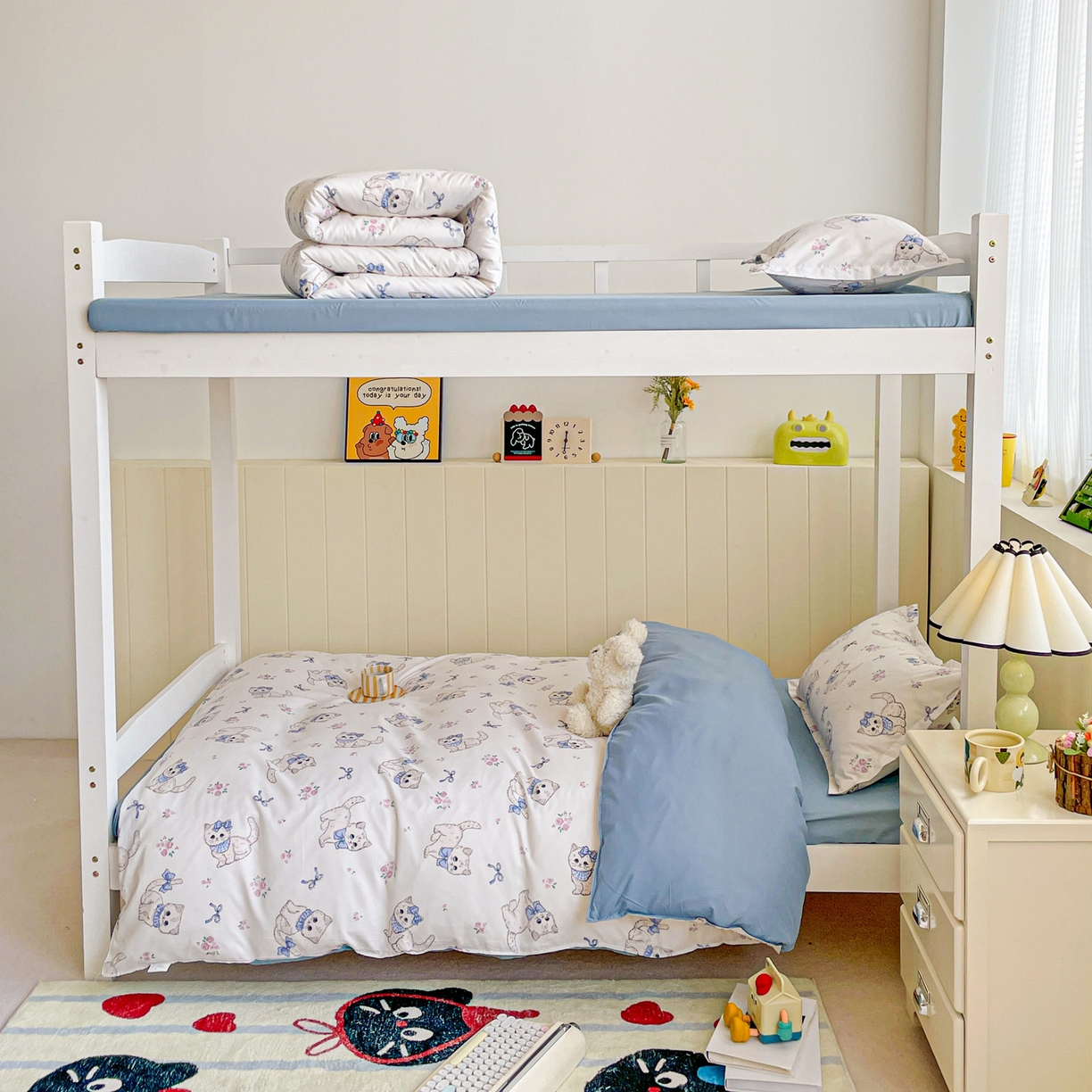 91家纺网 家纺一手货源 找家纺 楠沐家纺 2025新款芦荟棉印花学生宿舍上下铺四件套三件套 猫咪小姐