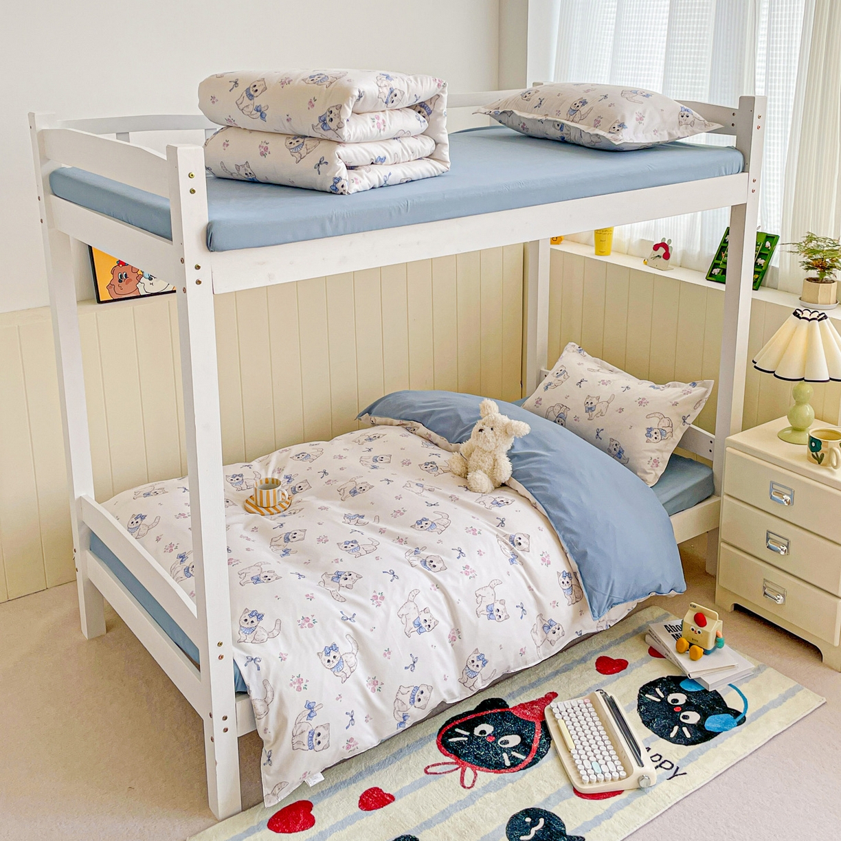 91家纺网 家纺一手货源 找家纺 楠沐家纺 2025新款芦荟棉印花学生宿舍上下铺四件套三件套 猫咪小姐