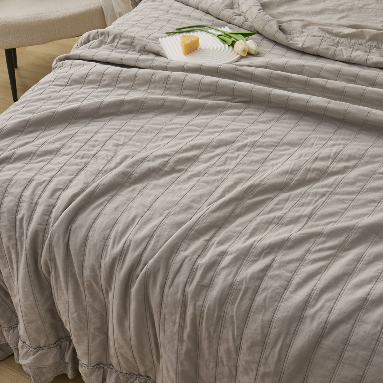 91家纺网 家纺一手货源 找家纺 上喜 2025新款全棉砂洗床盖新升级第五代 深灰