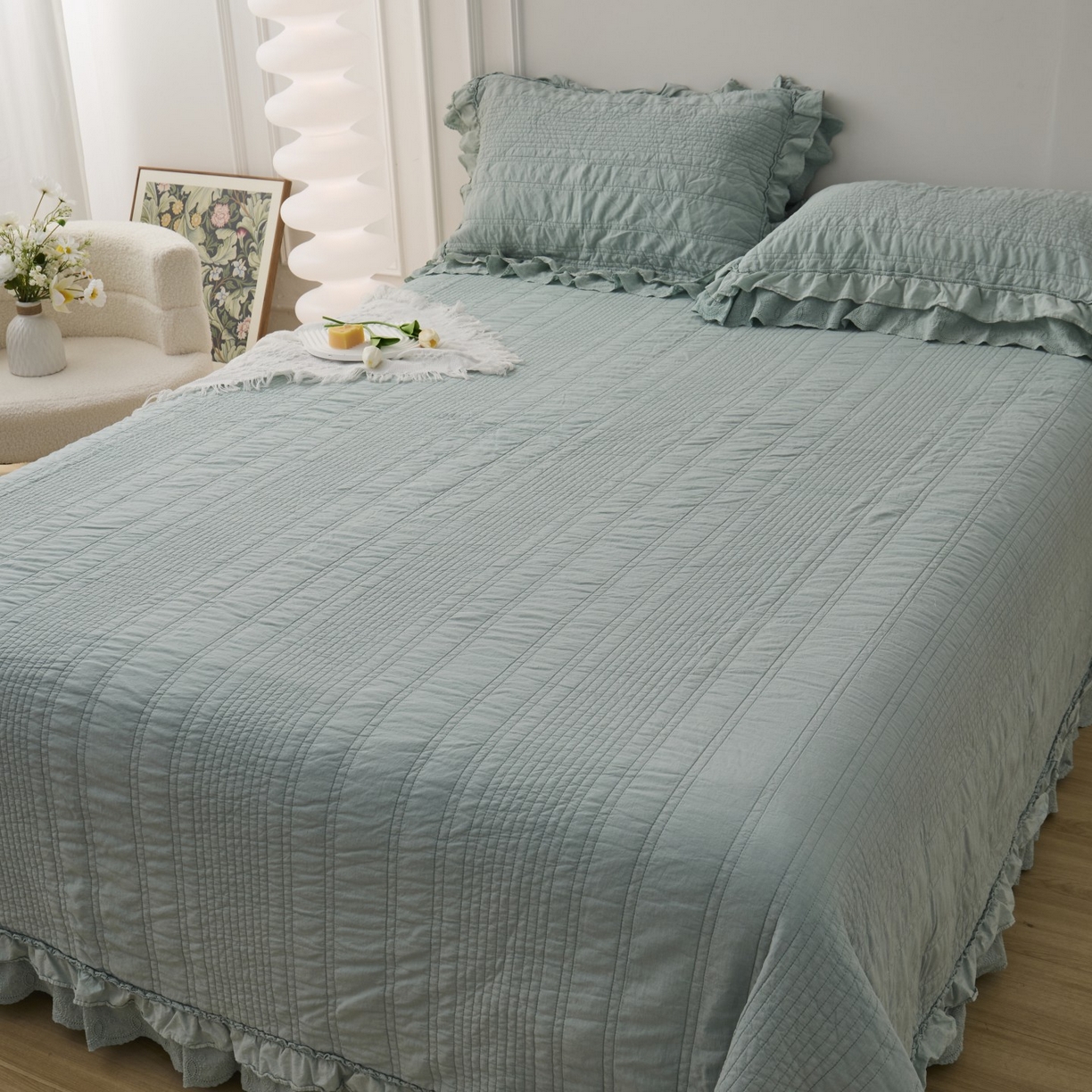 91家纺网 家纺一手货源 找家纺 上喜 2025新款全棉砂洗床盖新升级第五代 湖蓝