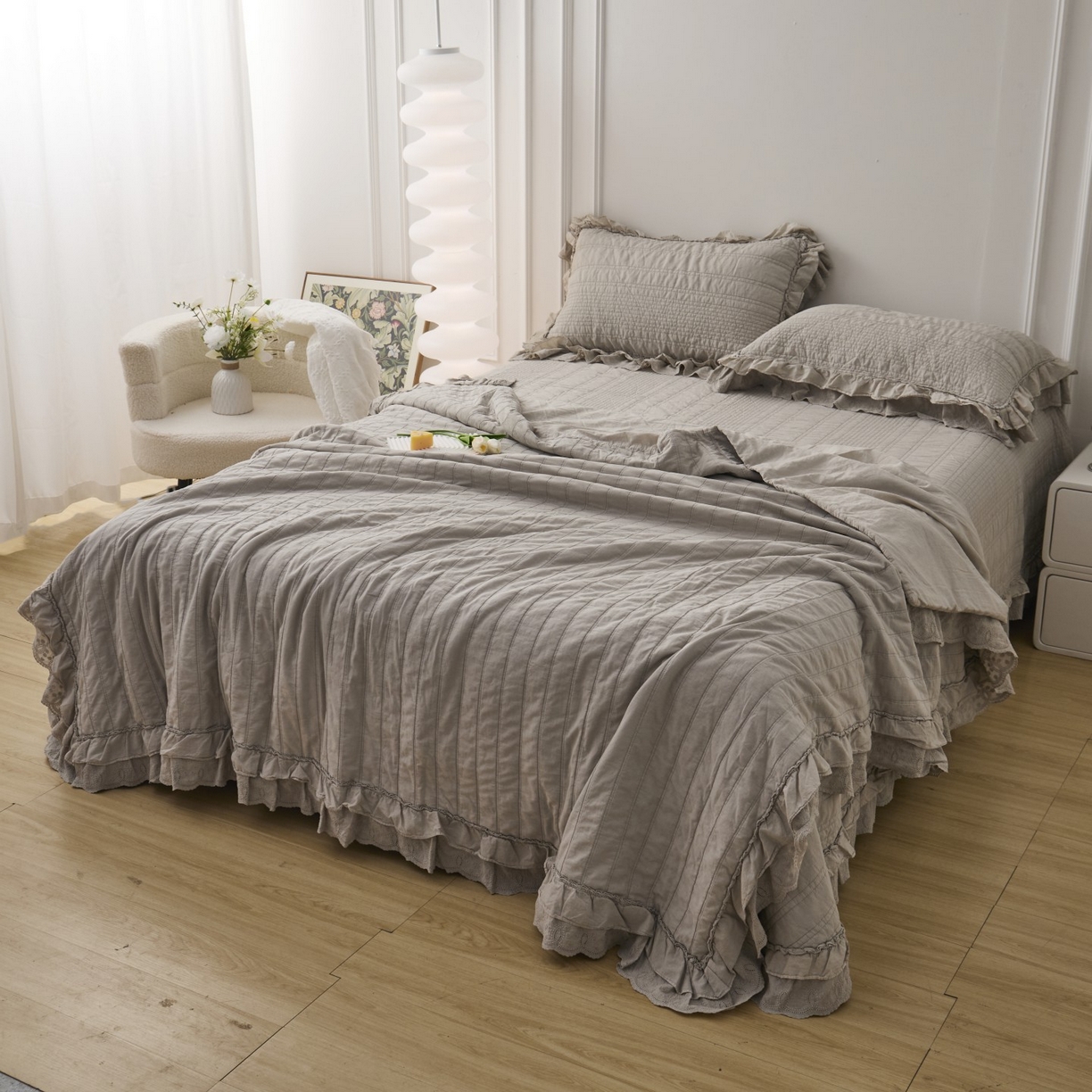 91家纺网 家纺一手货源 找家纺 上喜 2025新款全棉砂洗床盖新升级第五代 深灰