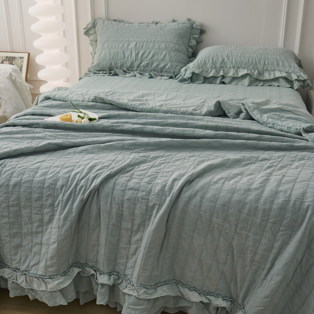 91家纺网 家纺一手货源 找家纺 上喜 2025新款全棉砂洗床盖新升级第五代 湖蓝