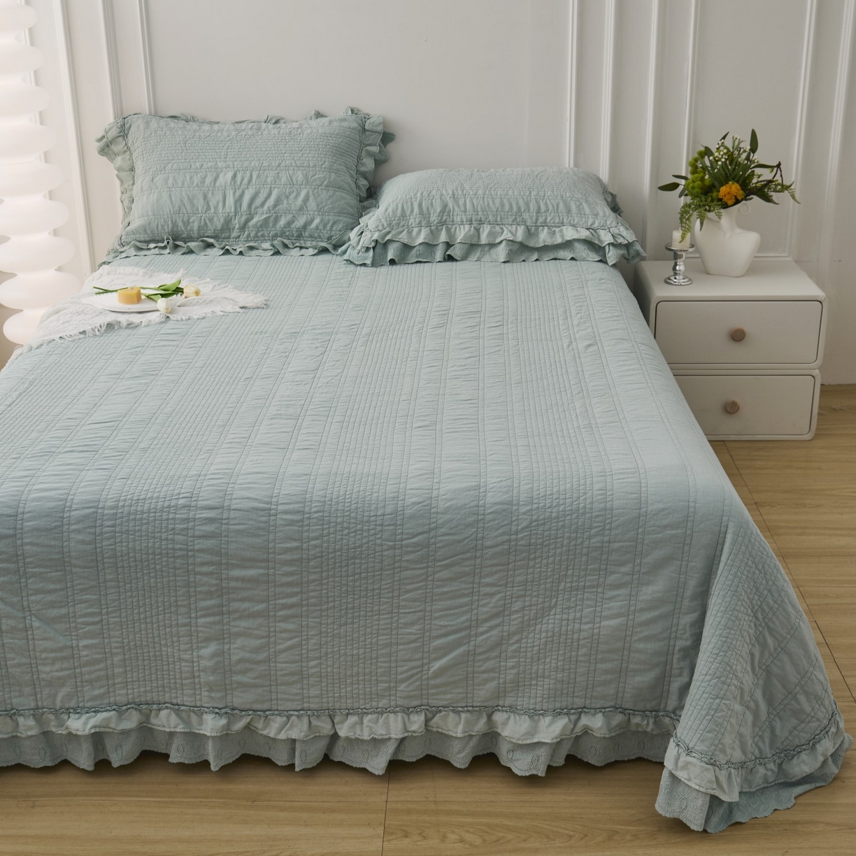 91家纺网 家纺一手货源 找家纺 上喜 2025新款全棉砂洗床盖新升级第五代 湖蓝