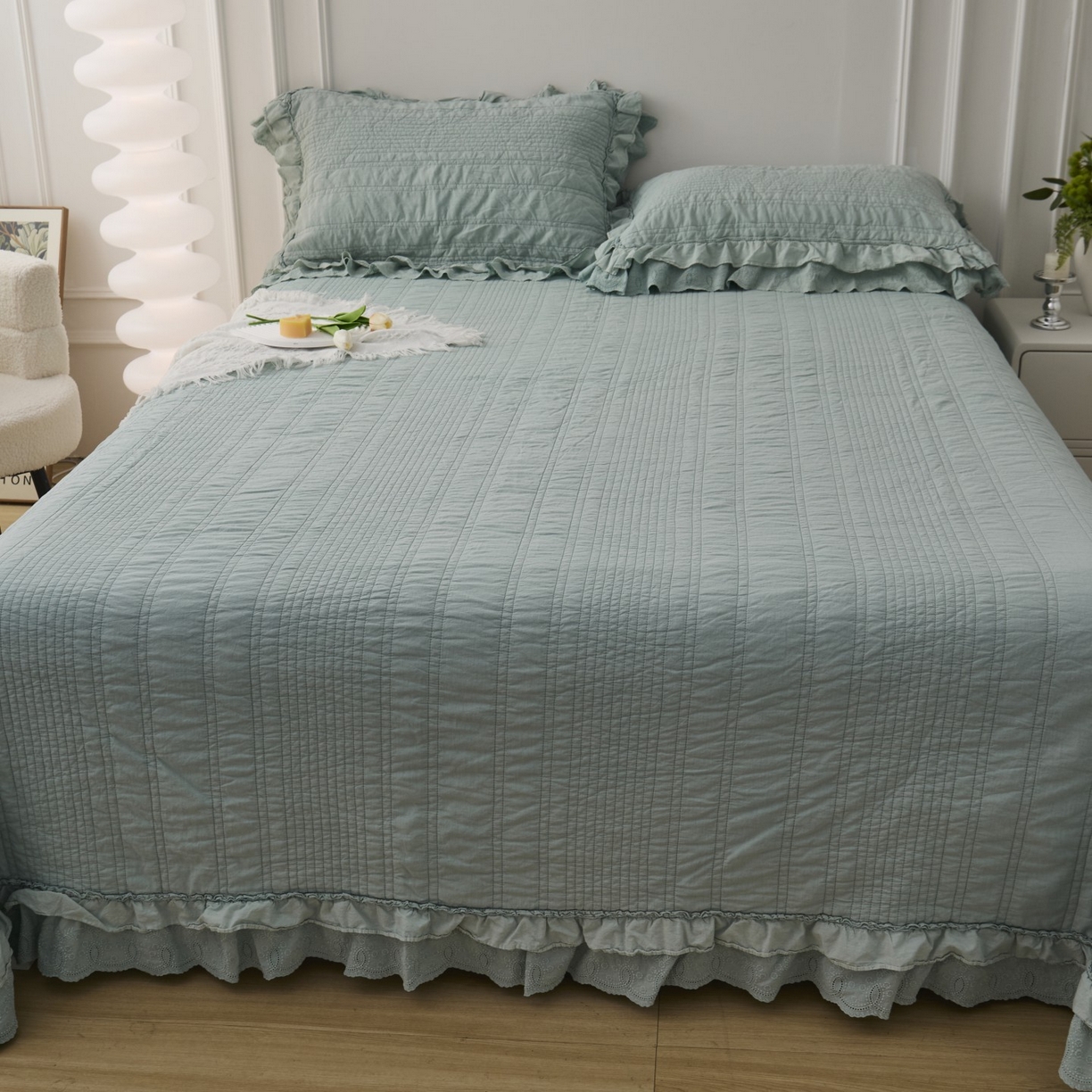 91家纺网 家纺一手货源 找家纺 上喜 2025新款全棉砂洗床盖新升级第五代 湖蓝