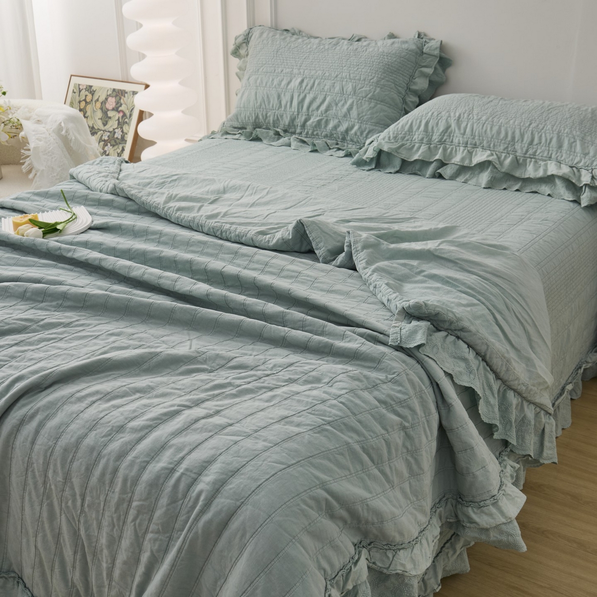 91家纺网 家纺一手货源 找家纺 上喜 2025新款全棉砂洗床盖新升级第五代 湖蓝