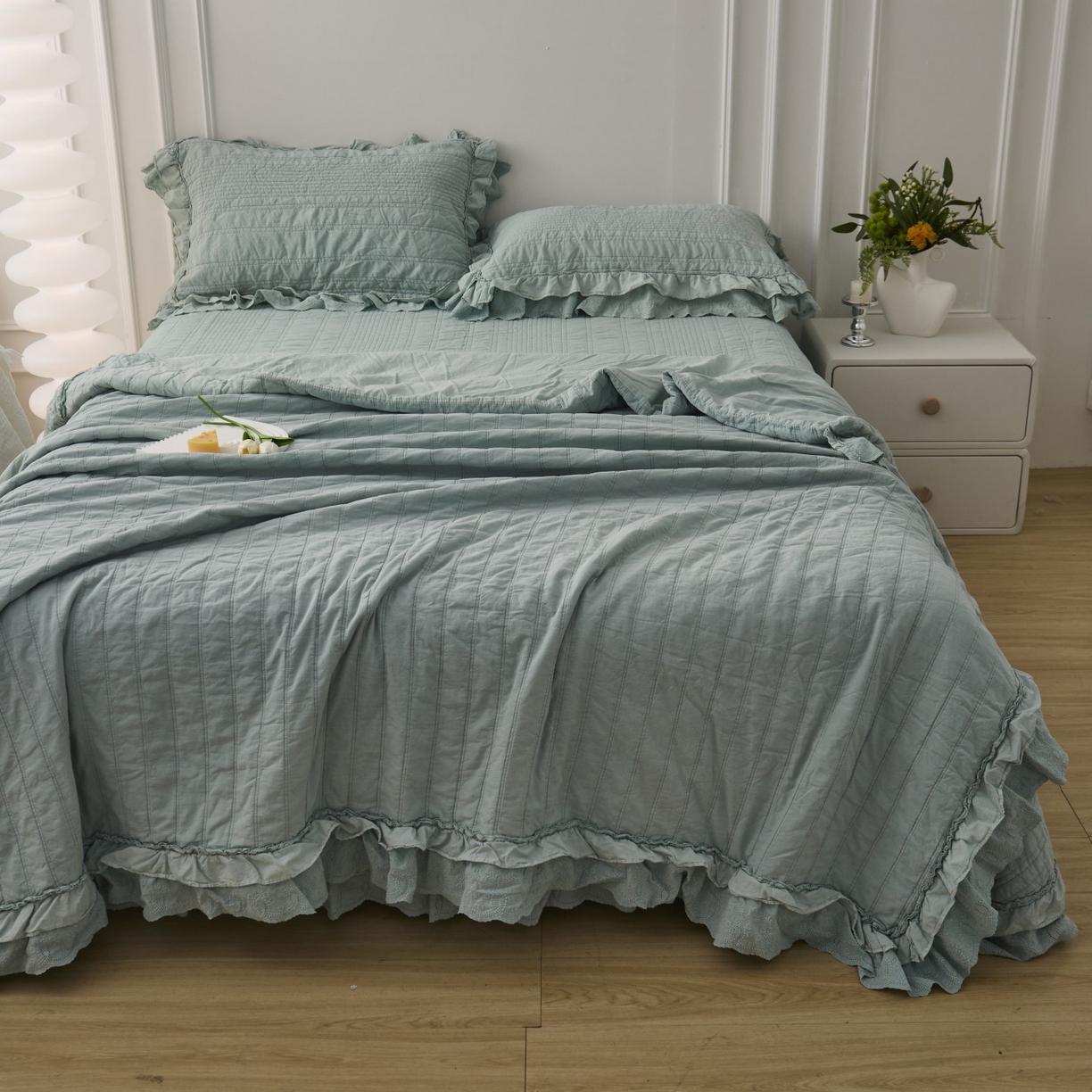 91家纺网 家纺一手货源 找家纺 上喜 2025新款全棉砂洗床盖新升级第五代 湖蓝